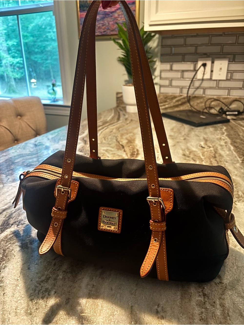 Dooney & Bourke Black Shoulder Bag with Tan Leather Trim